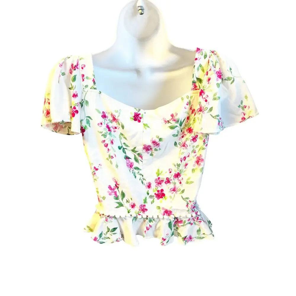 Majorelle Woodbury Crop Top In White Raspberry Size S Ruffle Short Sleeve Floral - Picture 5 of 7